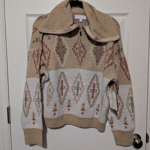 Love & Piece Collective Sz Lg Sweater W/ Zip Cowl Neck Women's Aztec Pattern NWT